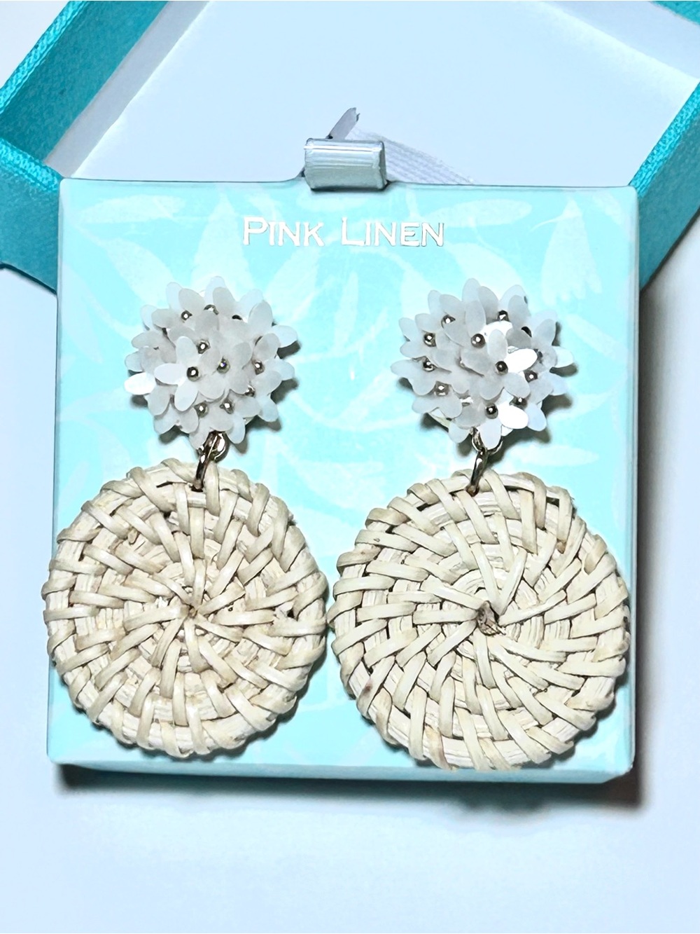 Pink Linen Raffia Drop Floral Earrings Lightweight Gold Tone Accents Dangle Boho